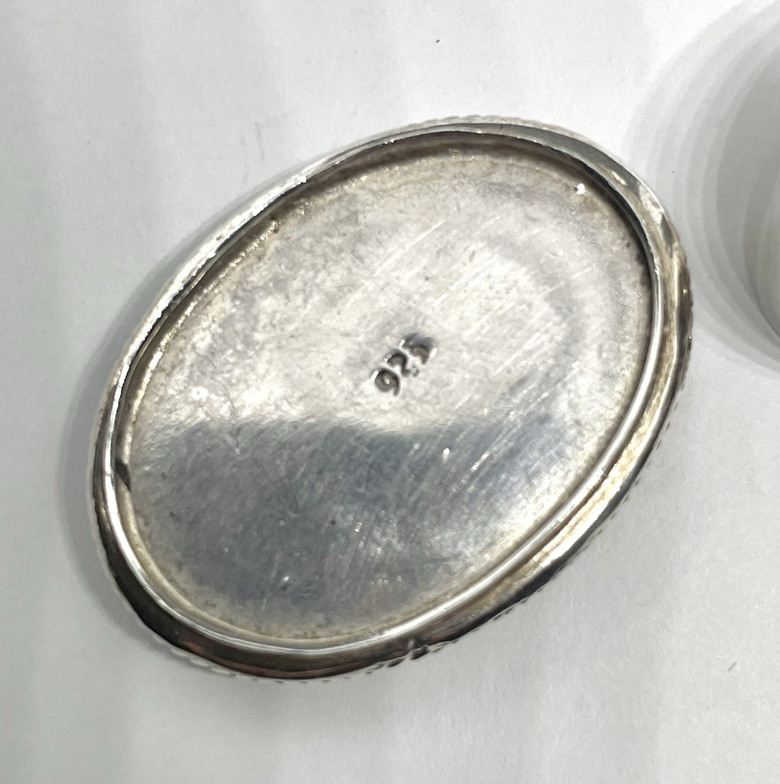 Vintage Mini Sterling Silver Oval Pill Box with Beading and Jade Cabochon