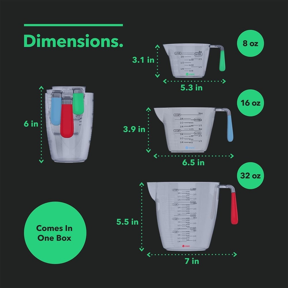 3 Piece Plastic Measuring Cups Set - BPA Free Liquid Nesting Stackable Measur...