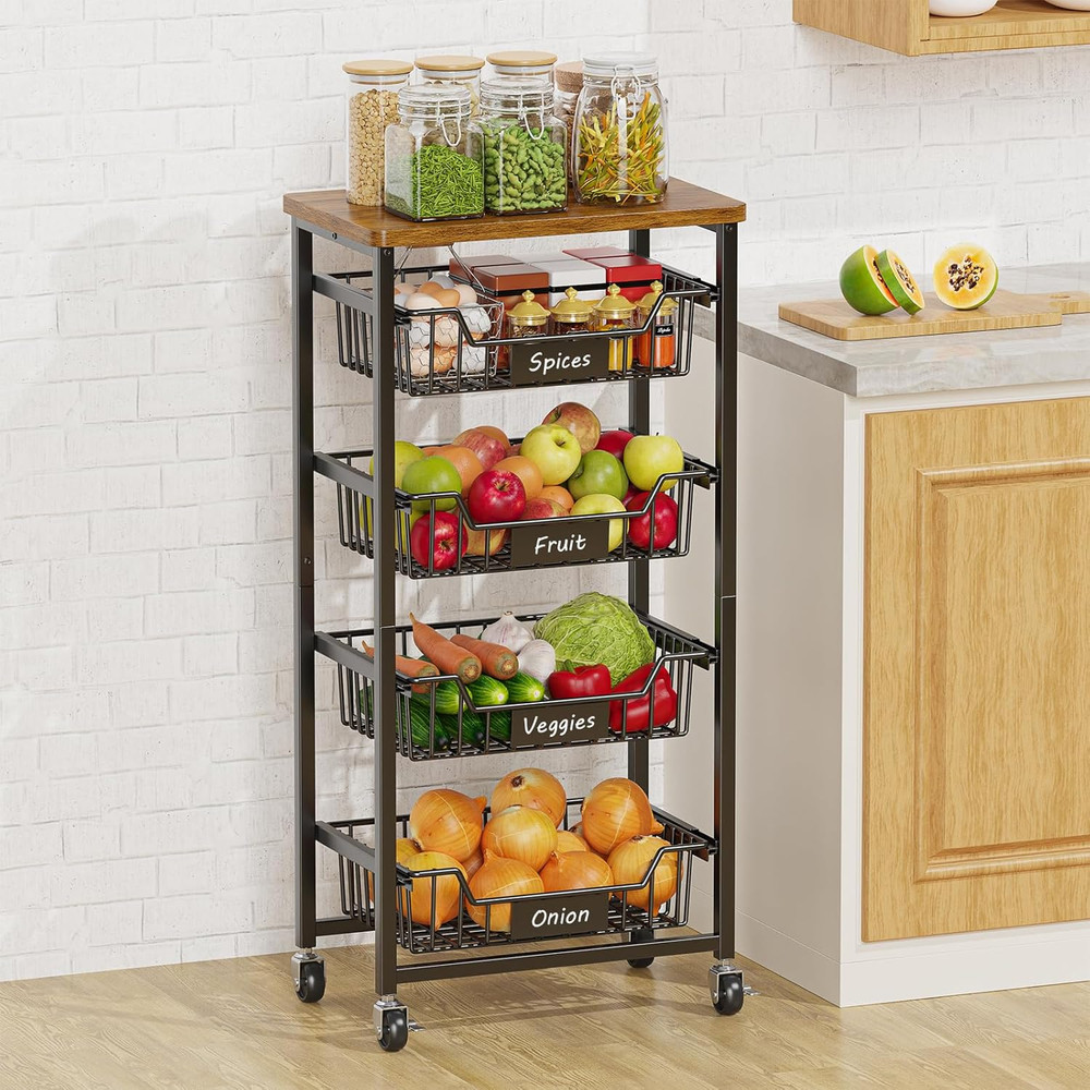 5-Tier Vegetable Fruit Basket Kitchen Storage Rolling Cart on Wheels with Pull-O