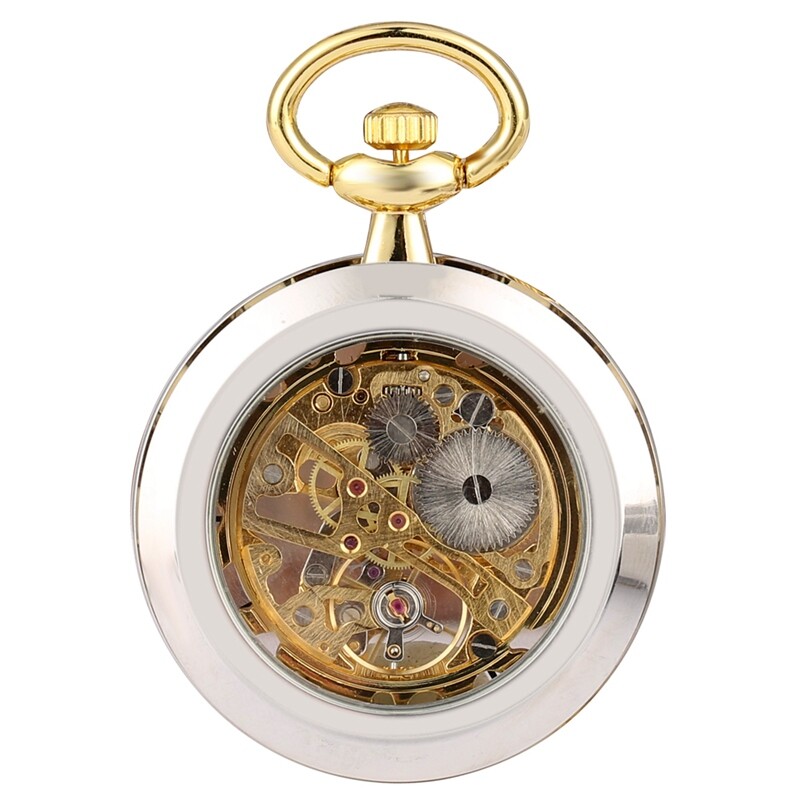 Men's Mechanical Pocket Watch Hand Winding Open Face Golden Pendant Chain Gifts