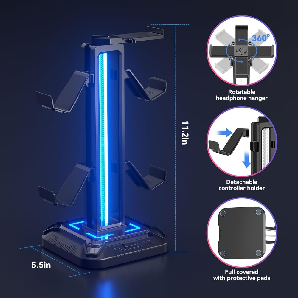 Rotatable Headphone Stand with Detachable Controller Hook