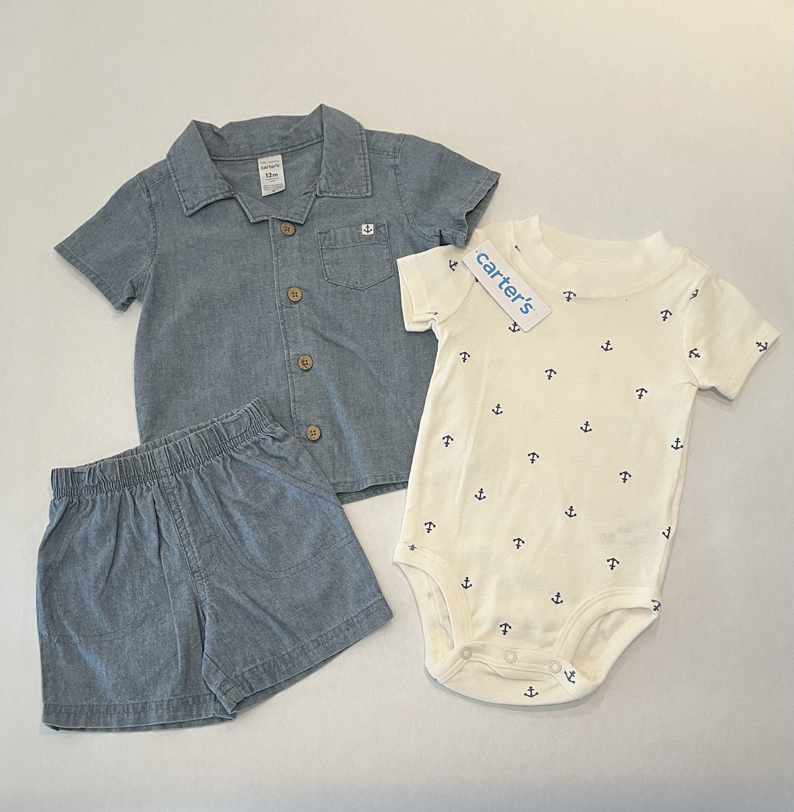 Carters Baby Boy 12 Months Shorts Shirt Bodysuit 3 PC Set Cute Anchor Outfit New