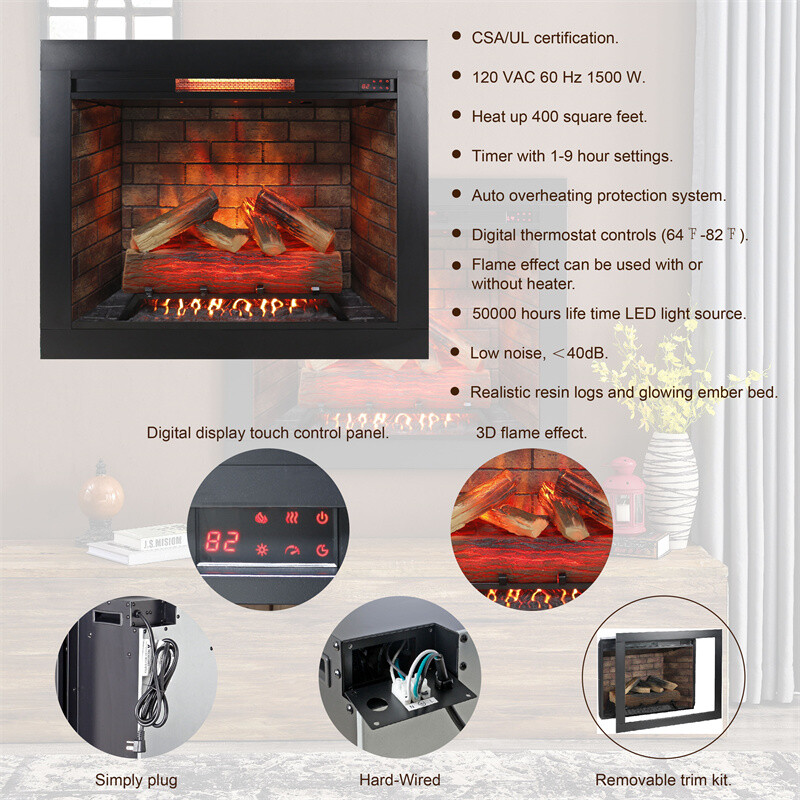 33" Infrared Electric Fireplace Touch Panel with Trim Kit & Fire Cracking Sound