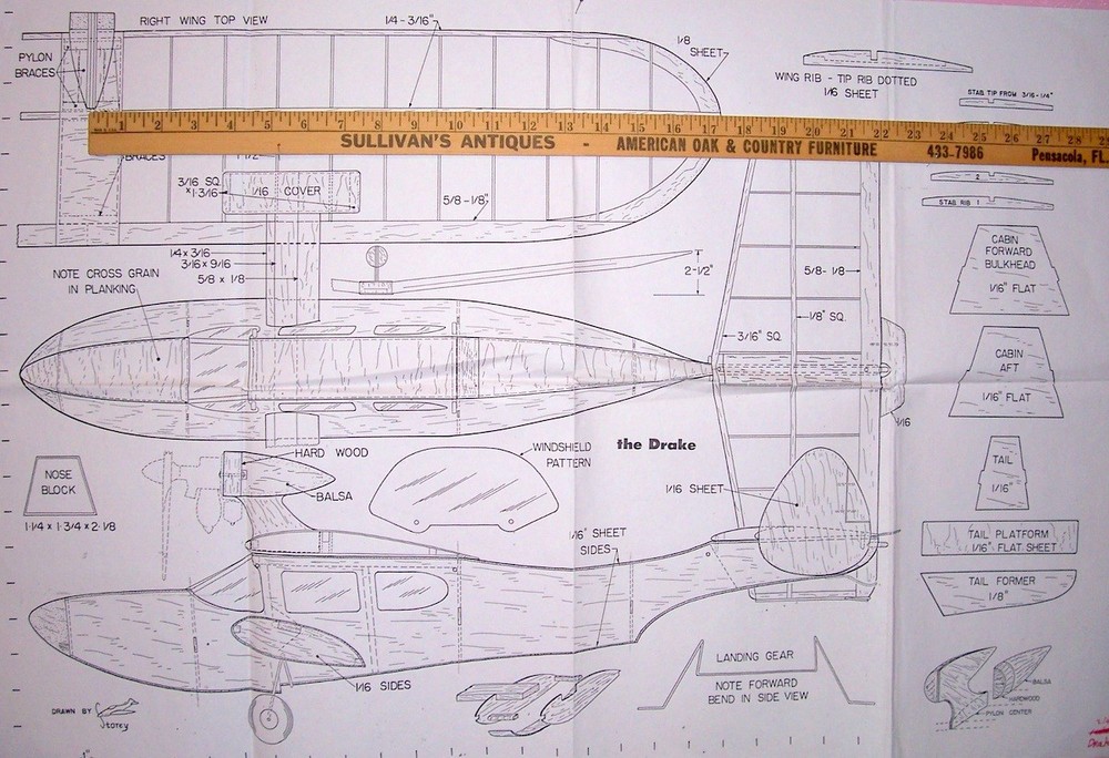 DRAKE PLAN + RC CONSTRUCTION ARTICLE for 35" Span 1/2A Amphibian Model Airplane