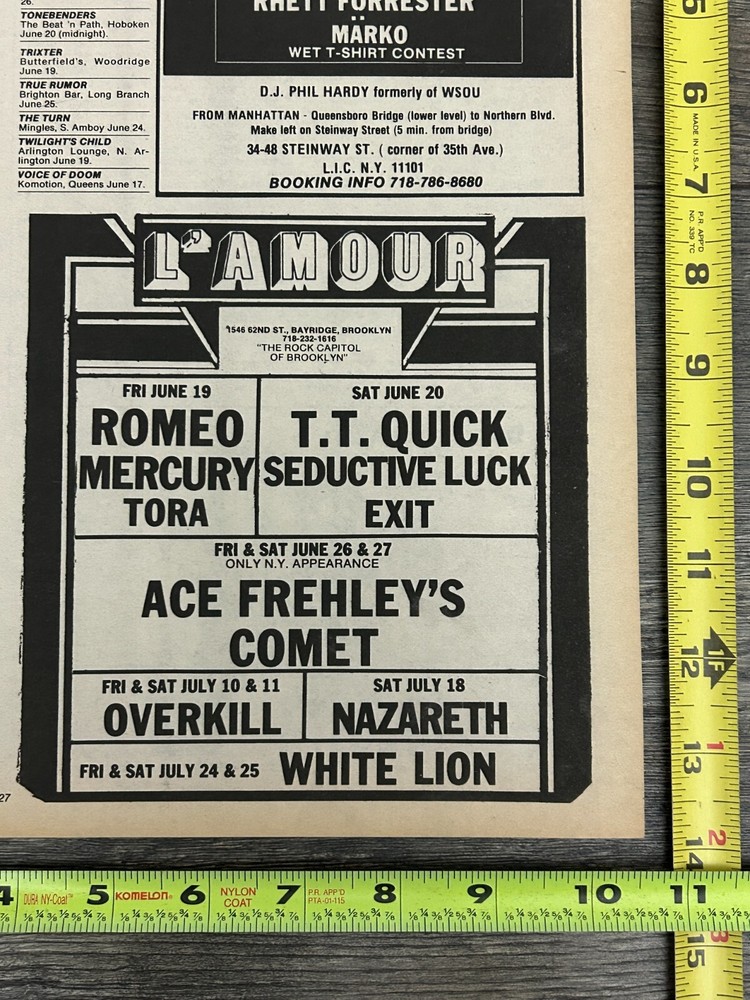 ACE FREHLEY Frehley's Comet Concert Ad Advert 1987 L'Amour NYC Vintage Kiss D