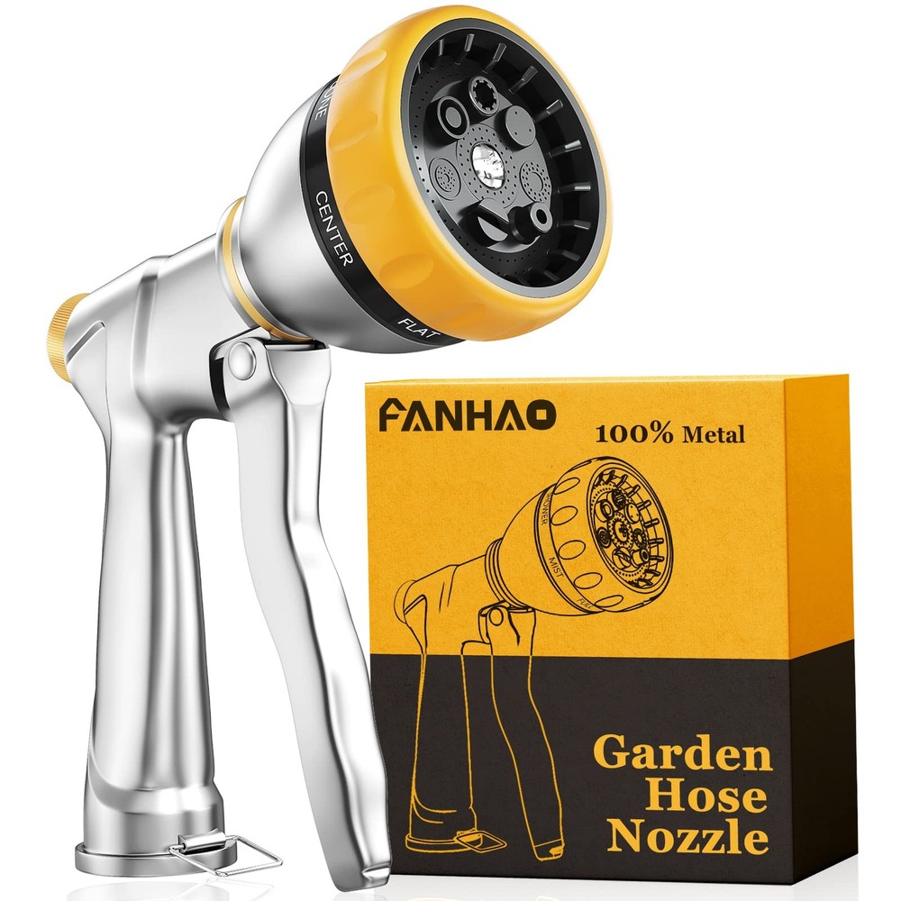 FANHAO Garden Hose Nozzle Sprayer, 100% Front Trigger - 7 Patterns, Silver