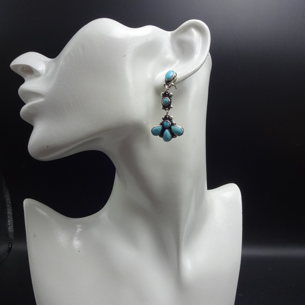 FEDERICO JIMENEZ Sterling Silver TURQUOISE Cluster Dangle EARRINGS Pierced