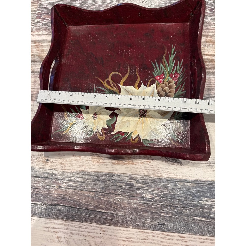 Vintage rectangular, hand painted, 13 1/5 X 13 1/2 wood tray
