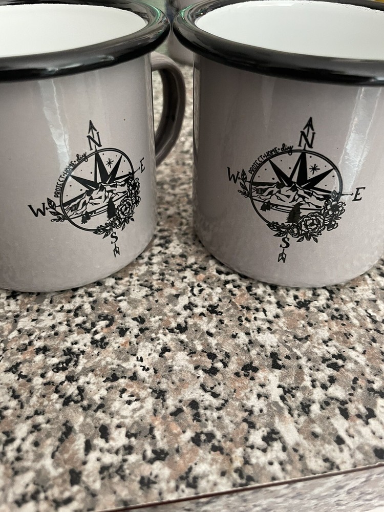 Set Of 2 Gray Compass Enamelware Cups