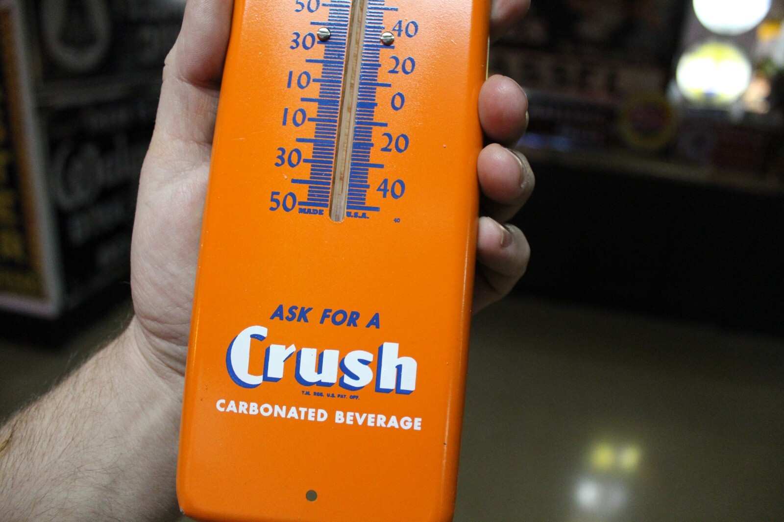 SCARCE 1950s ORANGE CRUSH SODA POP PAINTED METAL THERMOMETER SIGN PEPSI COKE RC