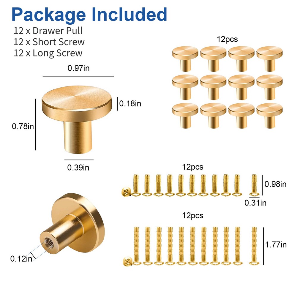 12Pcs Cabinet Knobs Hardware Handles Round Pulls for Kitchen, Dresser and Closet
