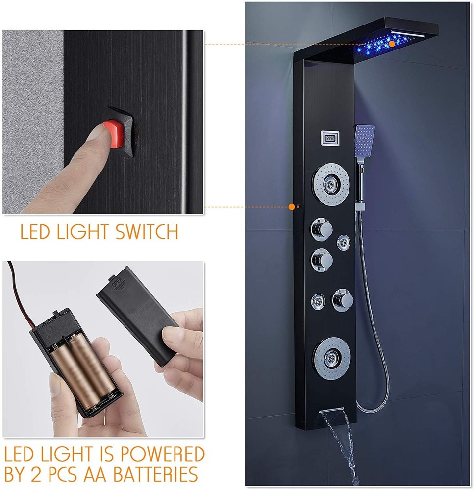 ELLO&ALLO Shower Panel Tower System LED Rainfall Waterfall Head Massage Jet