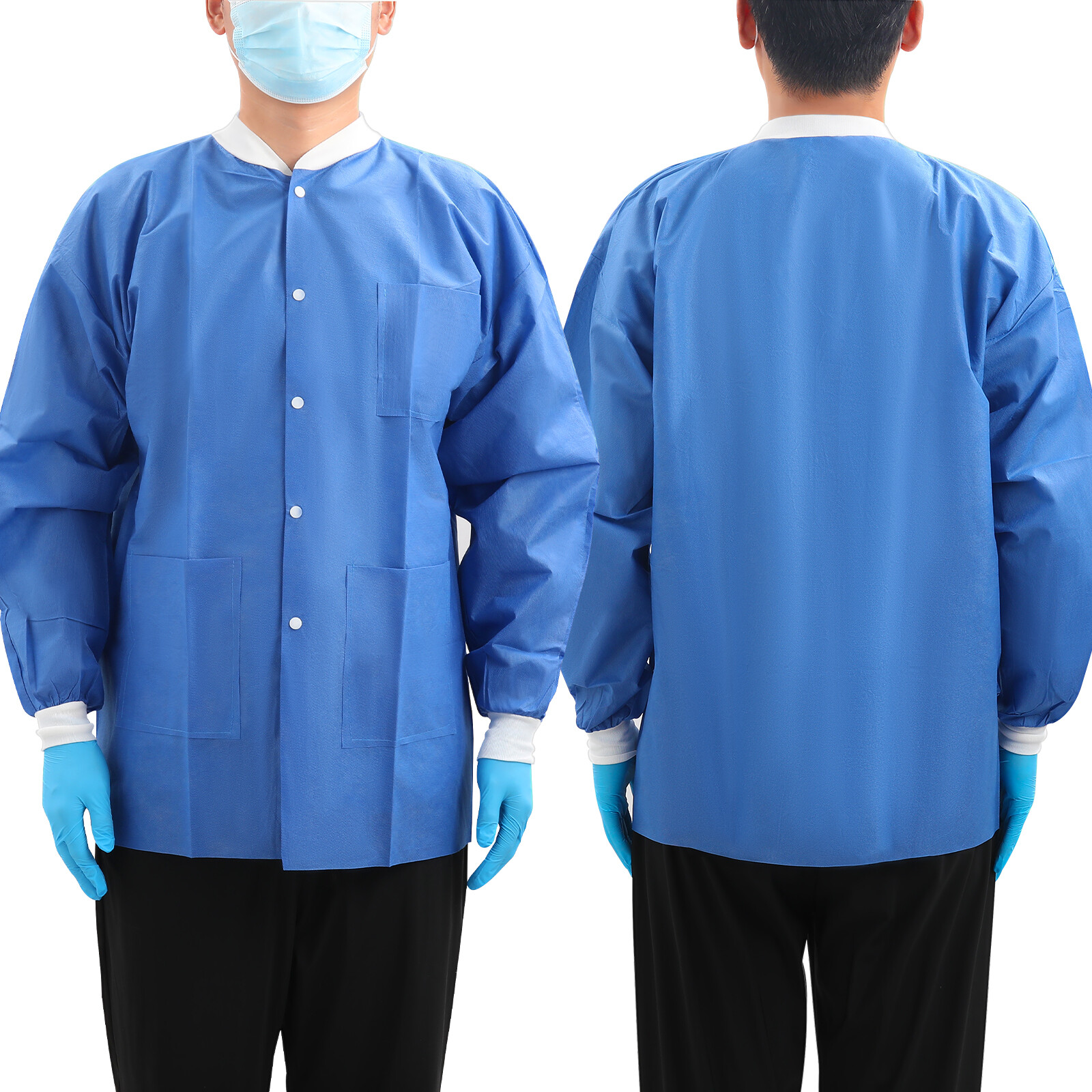 PLUS SMS Medical Dental Disposable Lab Coat Gown w/3 Pockets Knit Cuffs 50PCS