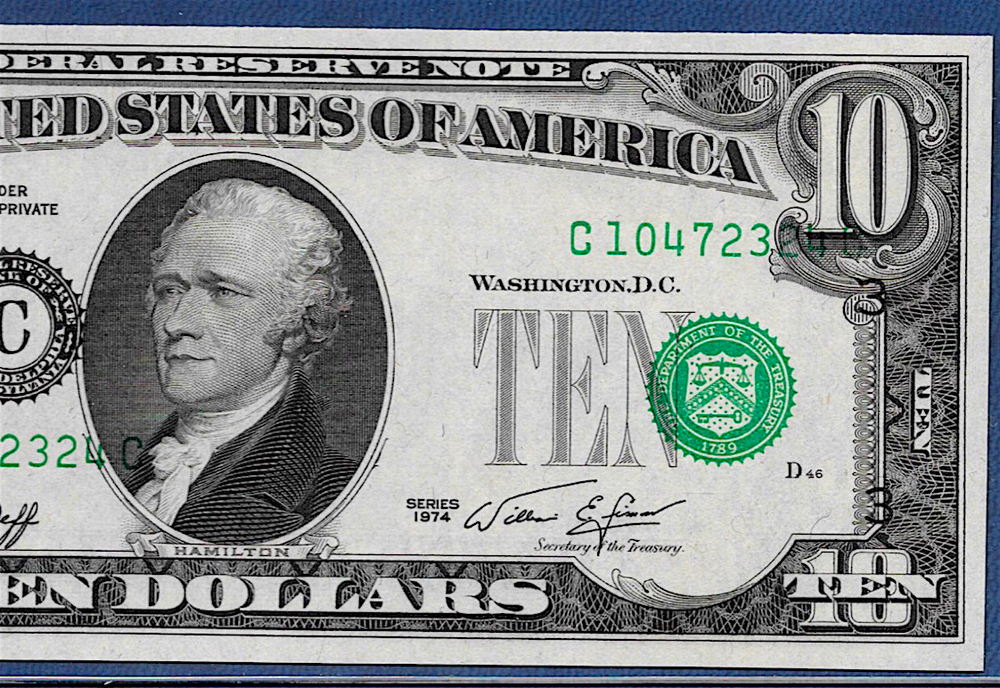 🇺🇸 1974 $10 ERROR ♚♚MISALIGNED OVERPRINT♚♚ PCCGS GEM NEW 65 PPQ