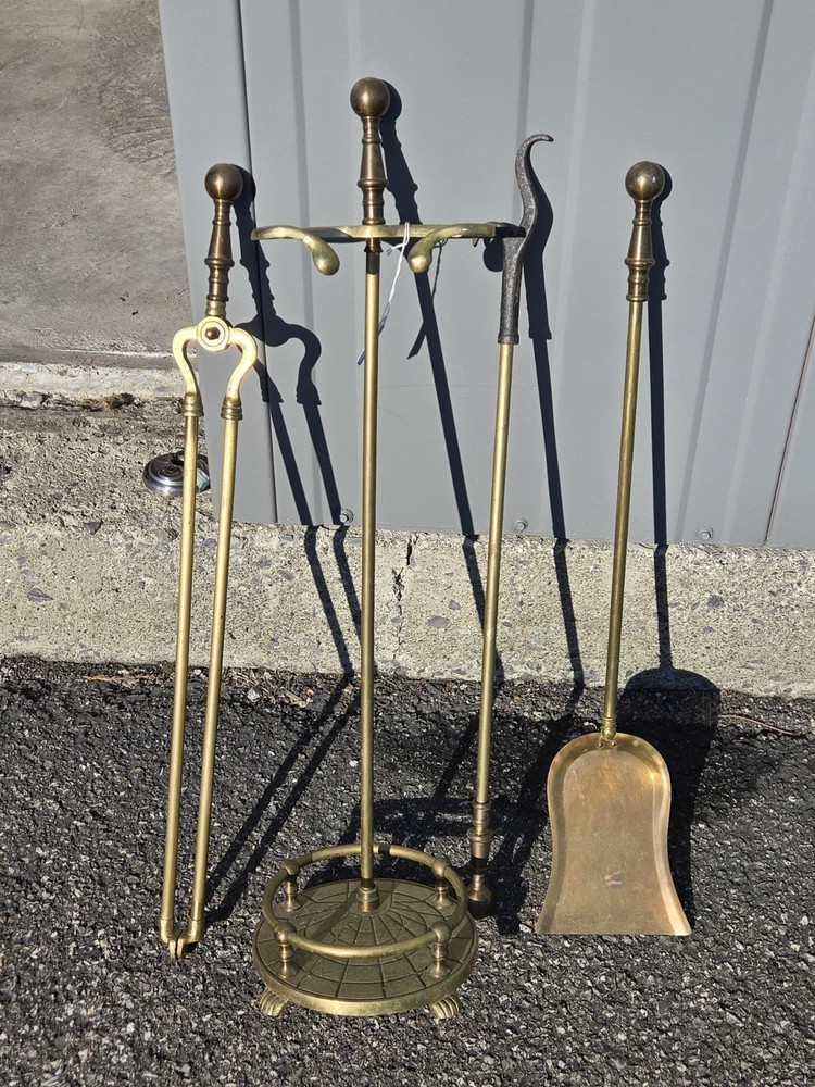 Vintage Solid Brass Fireplace 3 Tools with Stand Set 4x PIECE Round Claw Footed