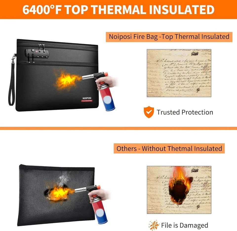 6400℉ Fireproof Money Bag with Lock,Dual-Zip Compartments Fireproof Document ...
