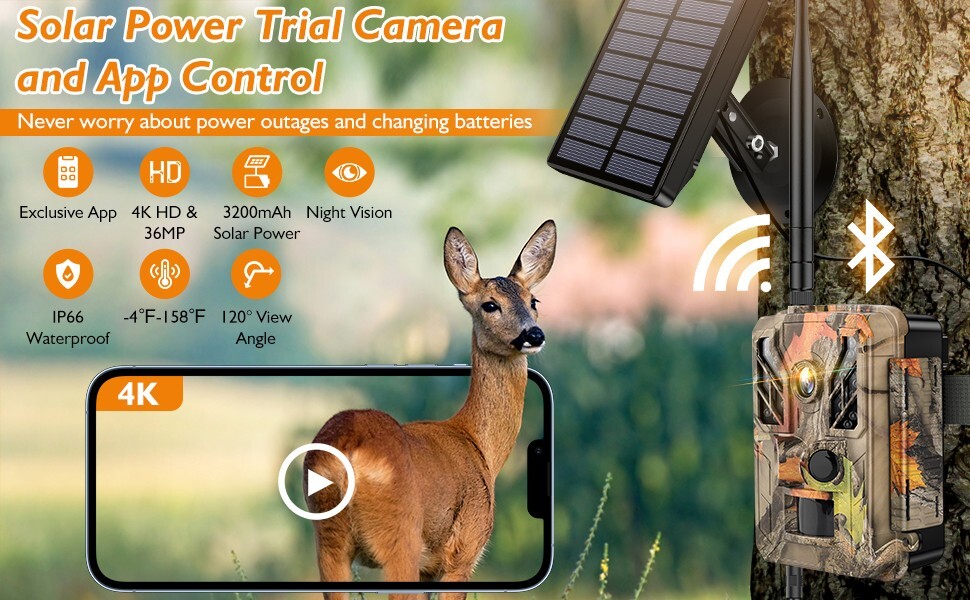 Solar Trail Camera WiFi 4K 36MP Wildlife Hunting Game Cam Nightvision Waterproof