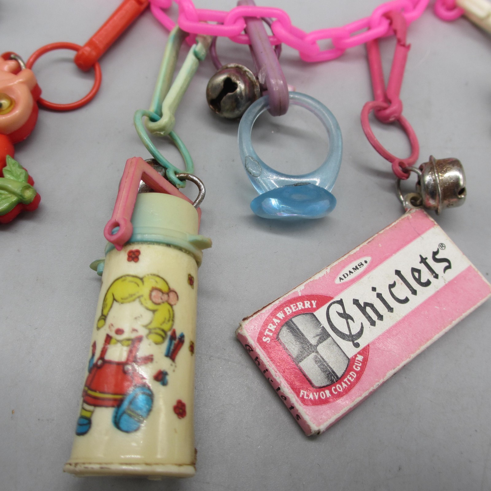 Vintage Bell Charm Necklace Owl Gum Ring Clock Thermos Pink Chain 24 Inch