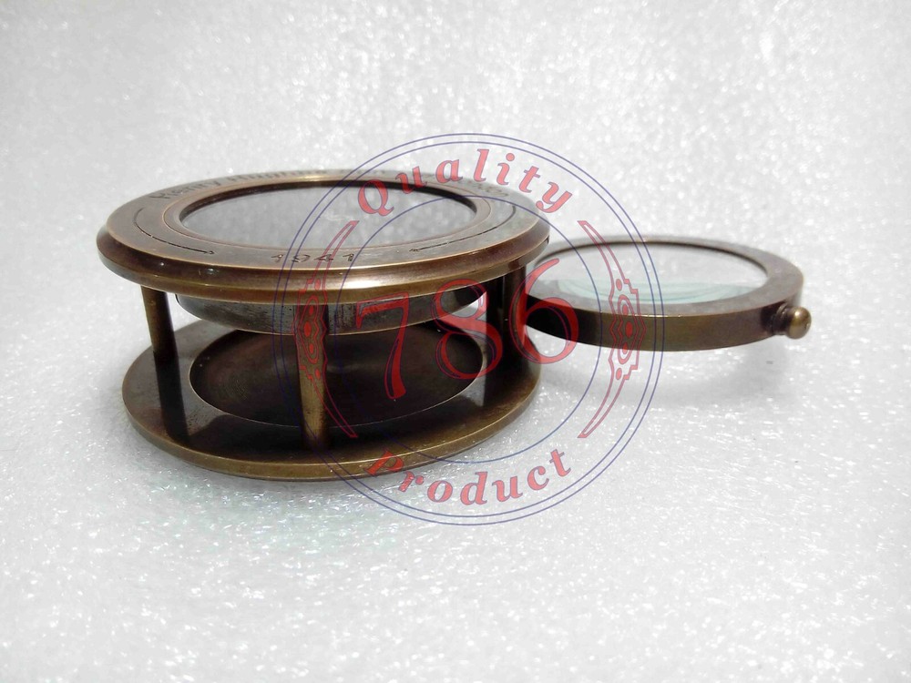 ANTIQUE HEAVY FOLDING MAGNIFYING GLASS MAP COMPASS WITH LEATHER CASE
