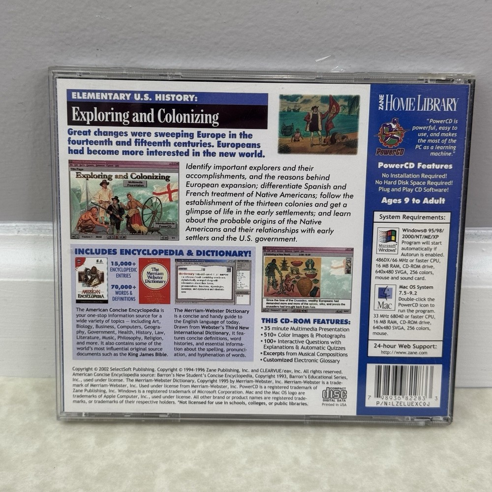 Elementary US History CD Rom 2002 Zane Home Library Win/Mac Exploring Colonizing