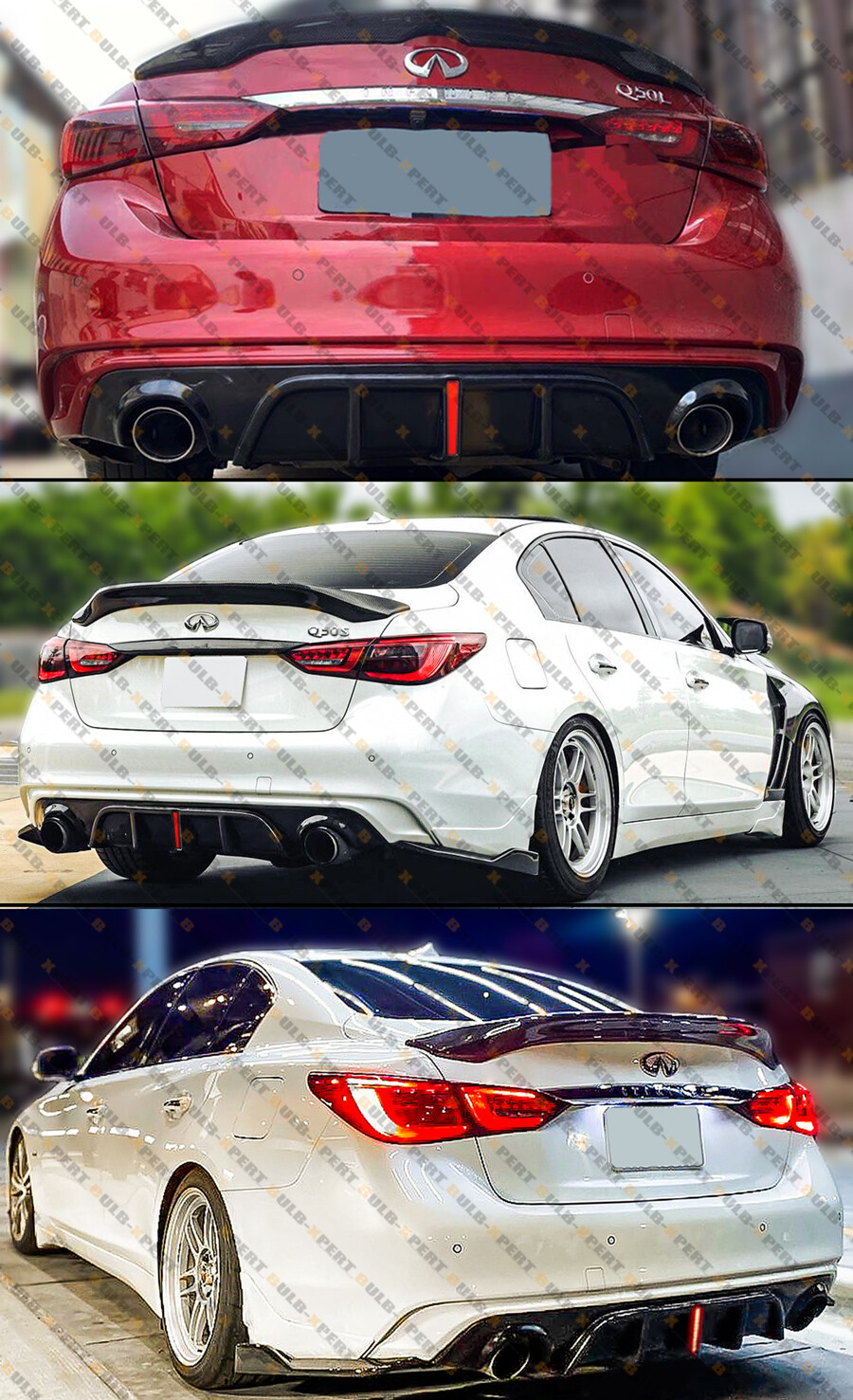 GLOSS BLACK REAR BUMPER DIFFUSER W/ V2 LED BRAKE LIGHT FOR 2018-23 INFINITI Q50