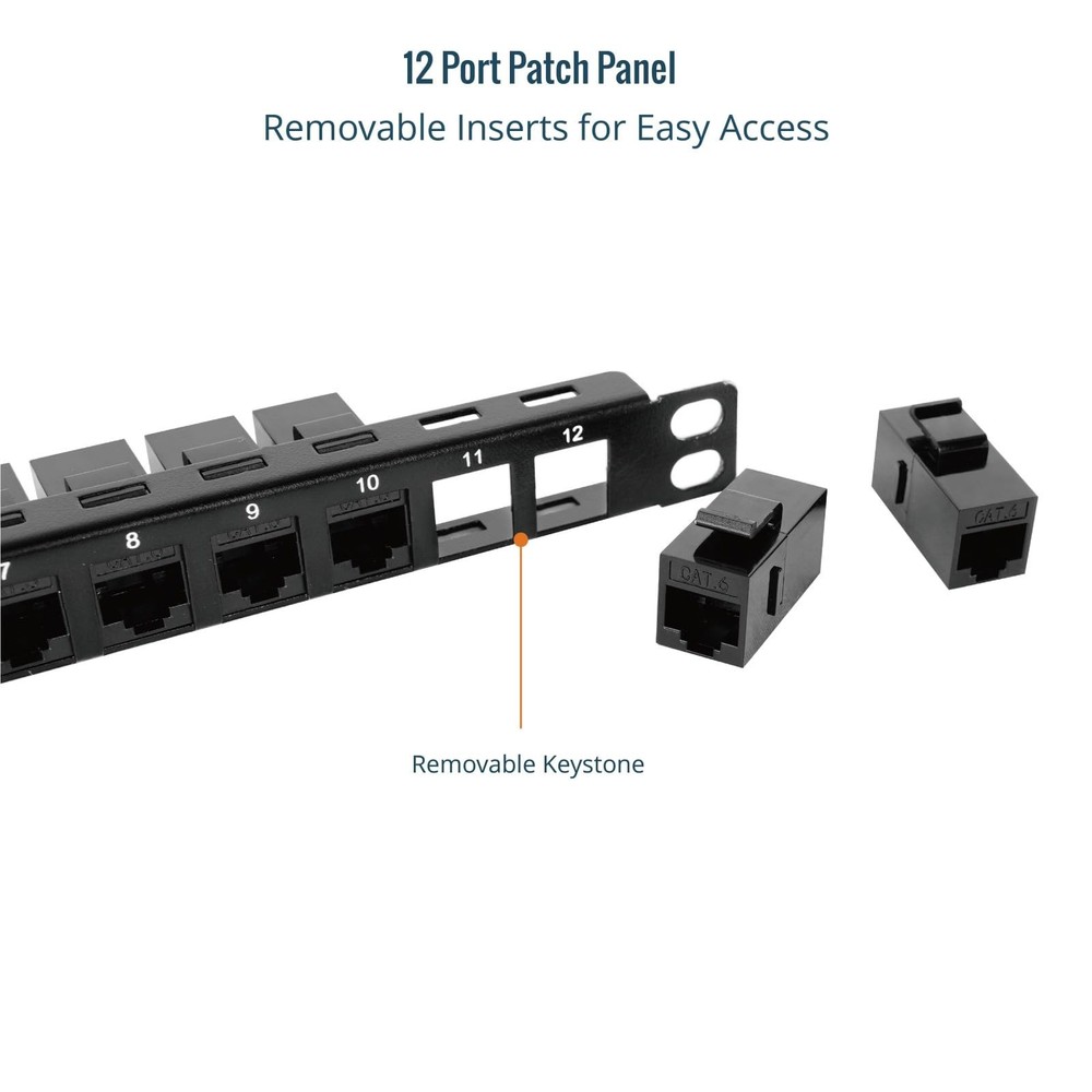 12-Port Cat6 Patch Panel 0.5U Rack Mount Keystone Coupler 10" Server Black