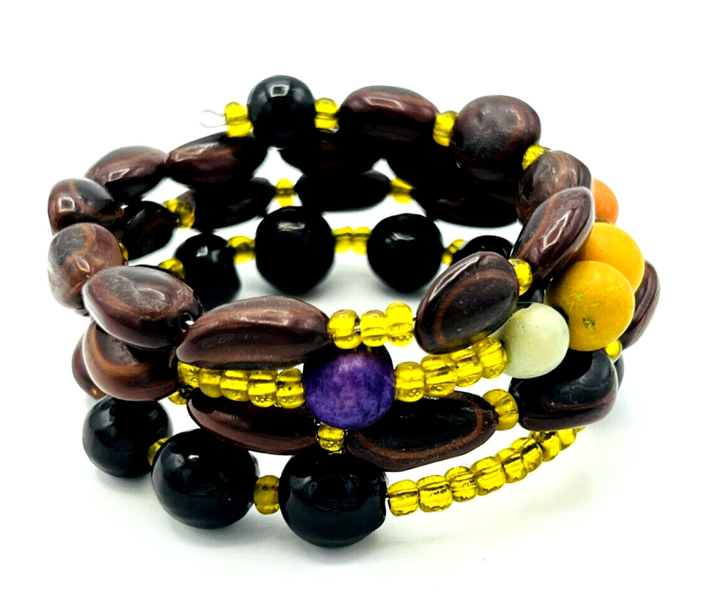 Artisan Nut Beads Memory Wire Wrap BOHO Bracelet