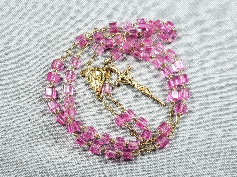 Vintage Rosary Prayer Square Cube Pink Beads Religious Christian B85