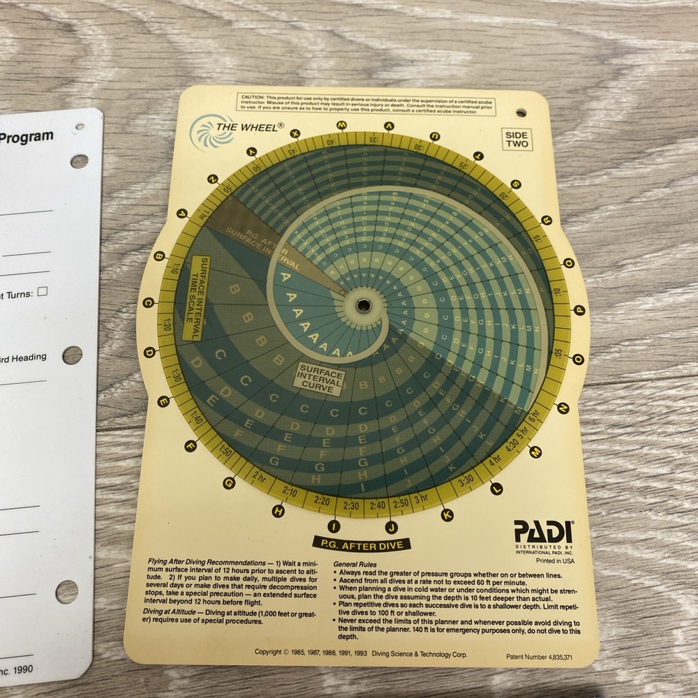 Padi the Wheel Instructions Study Guide Recreational Dive Planner