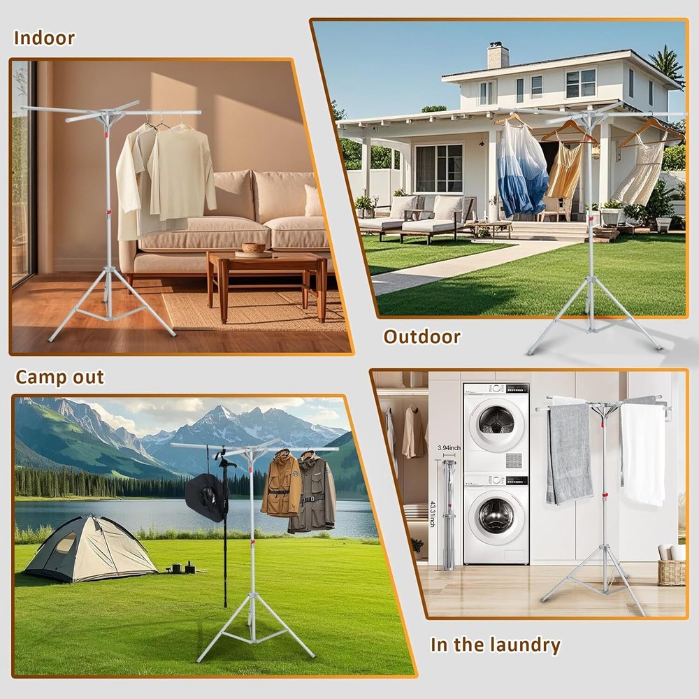 Height Adjustable Drying Rack, Foldable Portable Carbon Steel Drying Pole