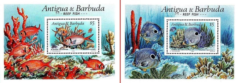 👉 ANTIGUA 1990 reef FISH x2 S/S MNH