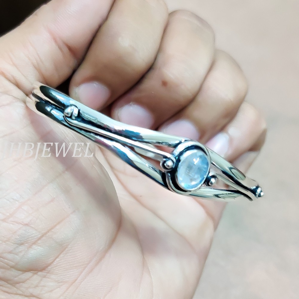 Rainbow Moonstone Gemstone Bangle 925 Sterling Silver Simple Work Men's Bracelet