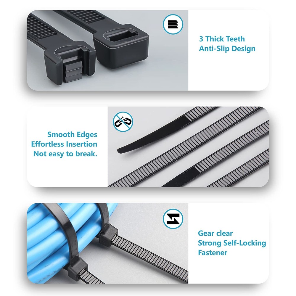 Zip Ties Assorted Sizes(4”+6”+8”+12”), 400 Pack, Black Cable Ties, UV Resistant