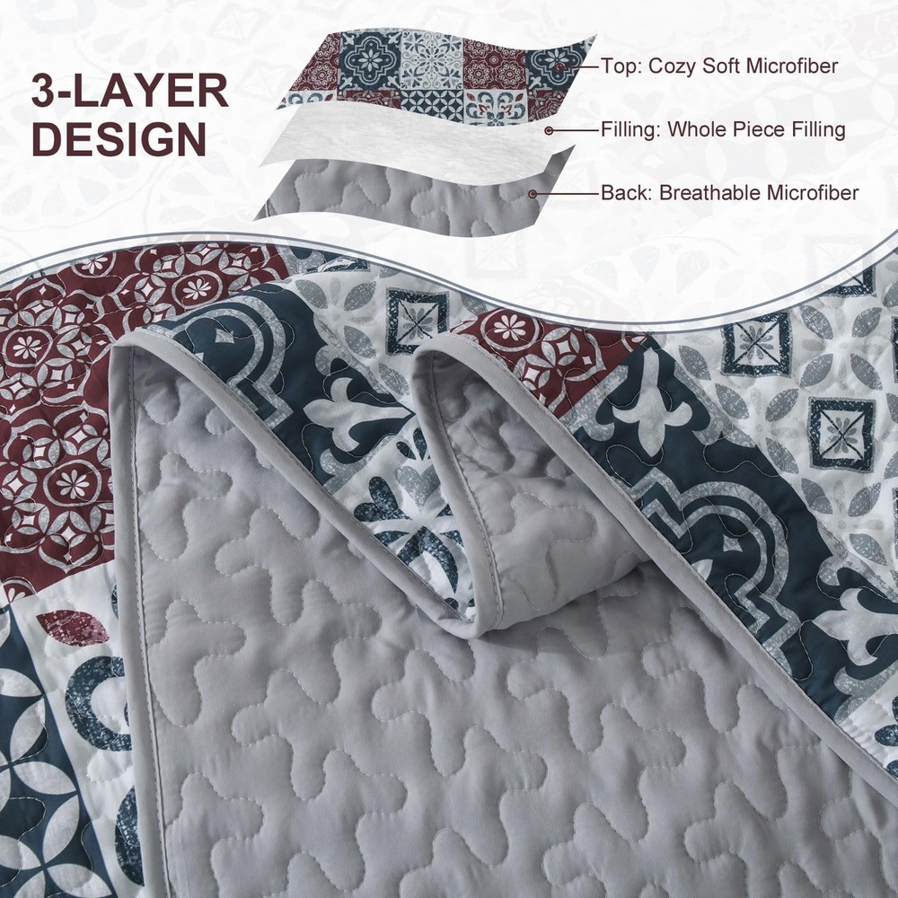 Dobuyly Patchwork Quilt Set Queen Size Boho Plaid Bedspread Queen, Red Grey
