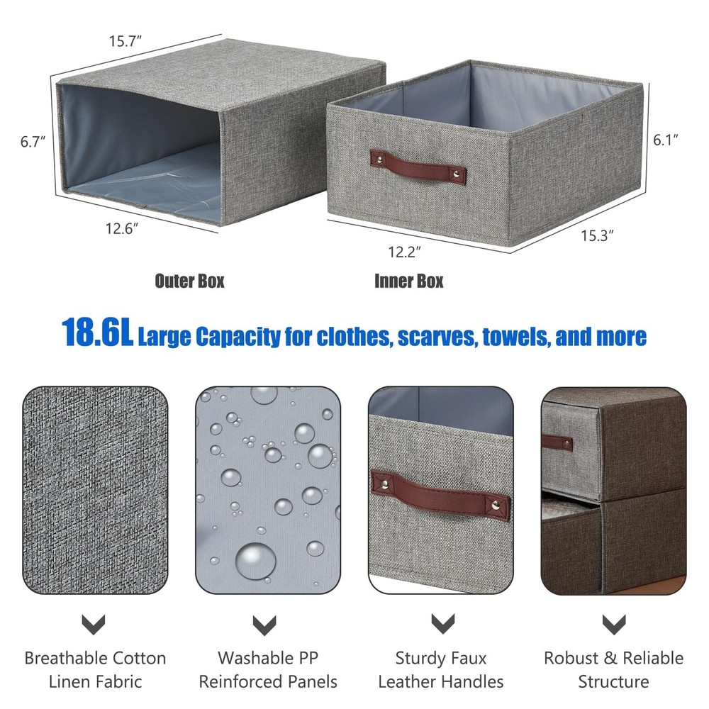 2PCS Closet Drawer Organizer Stackable Fabric Storage Boxes Bins Baskets with...