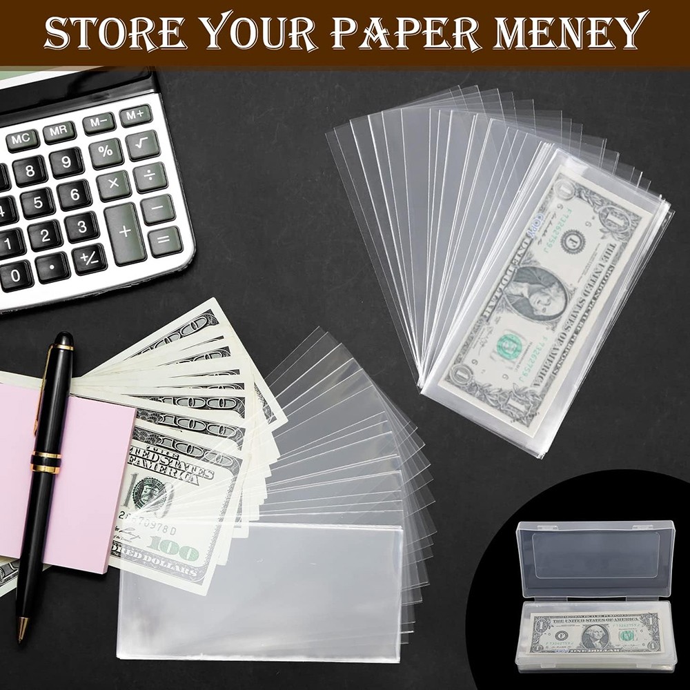 100 Pack Dollar Bill Holder Clear Rigid Sideload Currency Sleeves + Storage Case