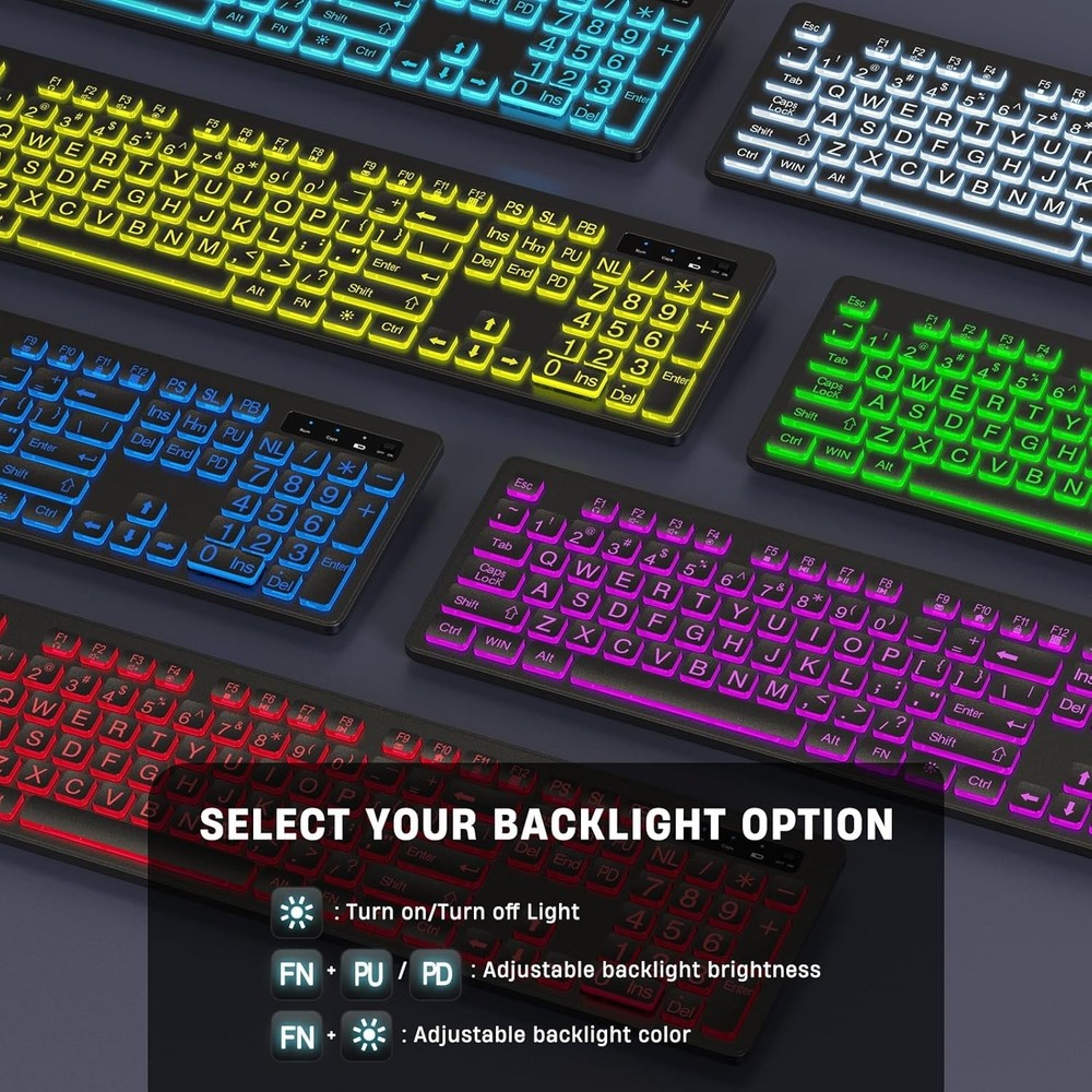 Large Print Backlit Wireless Keyboard - 2.4G Silent Wireless Light Up Keyboard