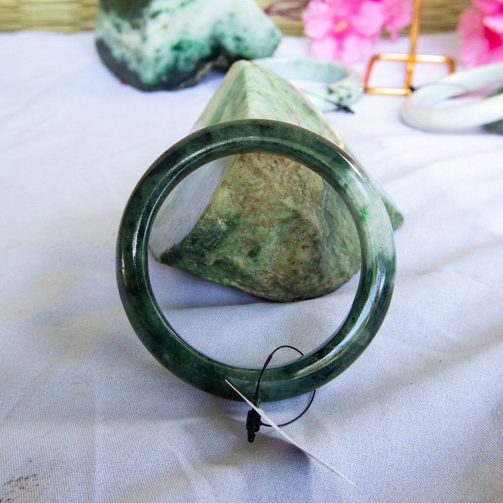 58mm Grade A Jadeite Bangle • Dark Green & White Jade Protective Amulet