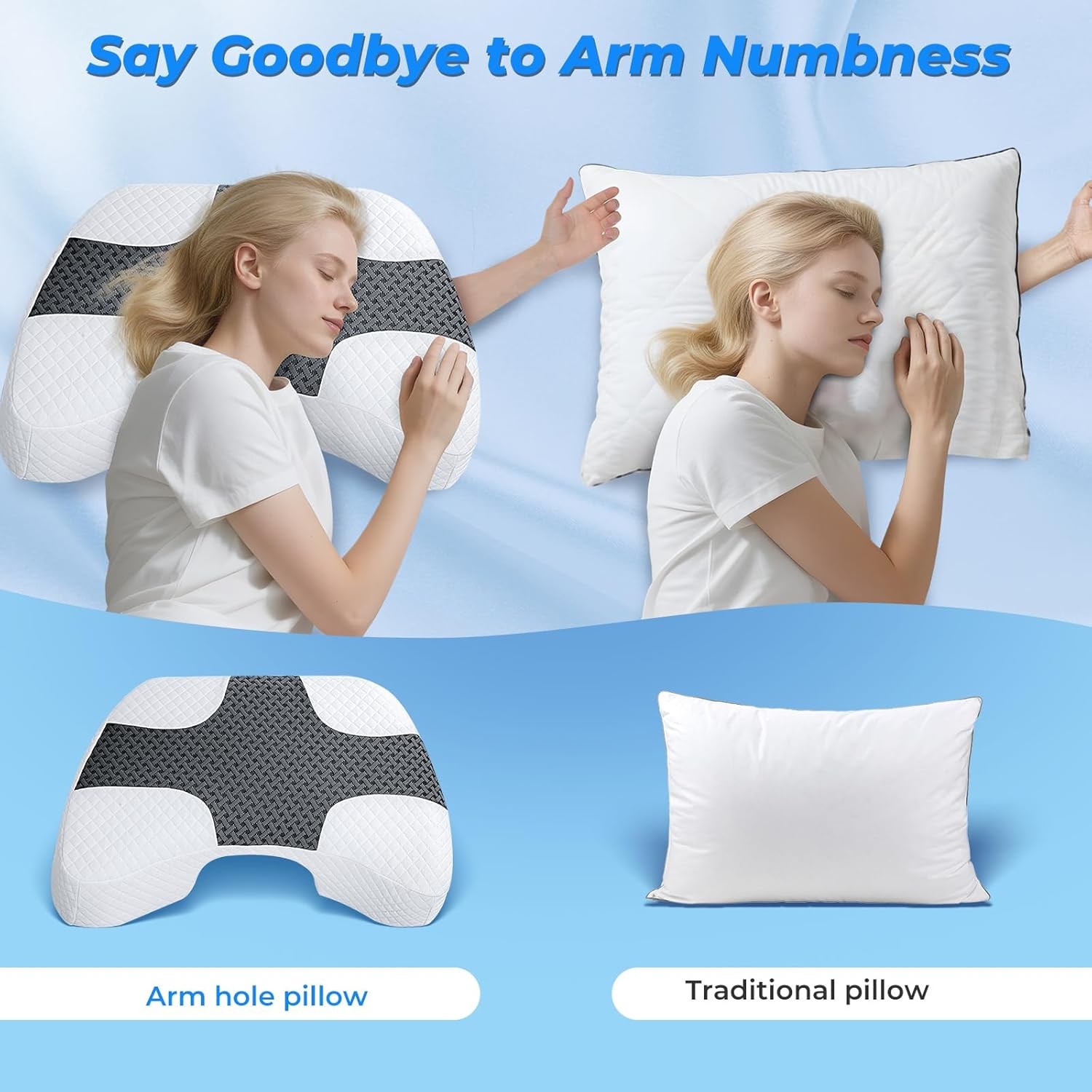 Side Sleeper Pillow with Arm Hole, Upgrad Shoulder Relief System for Neck Pain,