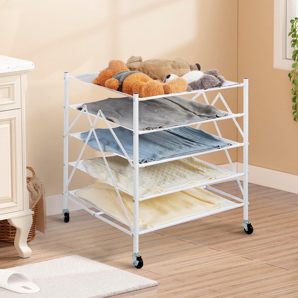 "5-Tier Foldable Mesh Sweater Drying Rack, Stackable Clothes Dryer – White"