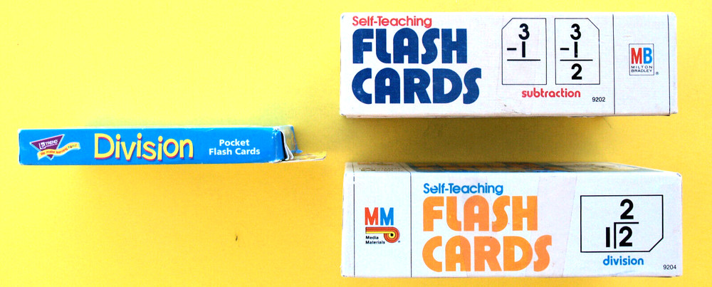 3 MATH FLASH CARDS—SUBTRACT + DIVISION—BASIC FACTS—COLORFUL—STORAGE BOXES