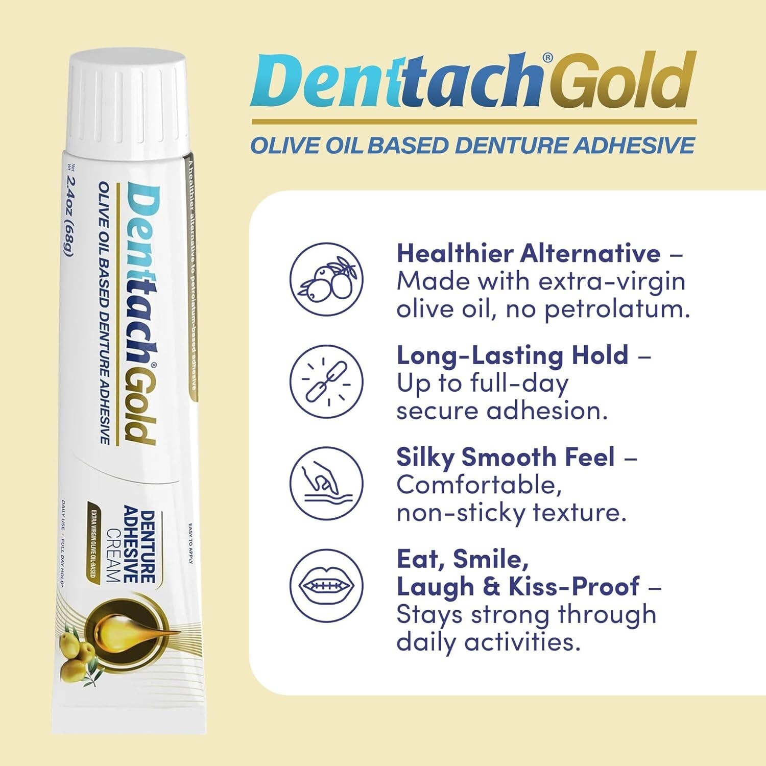 Denttach Gold Denture Adhesive, Petroleum Free Olive Oil Based Denture Glue