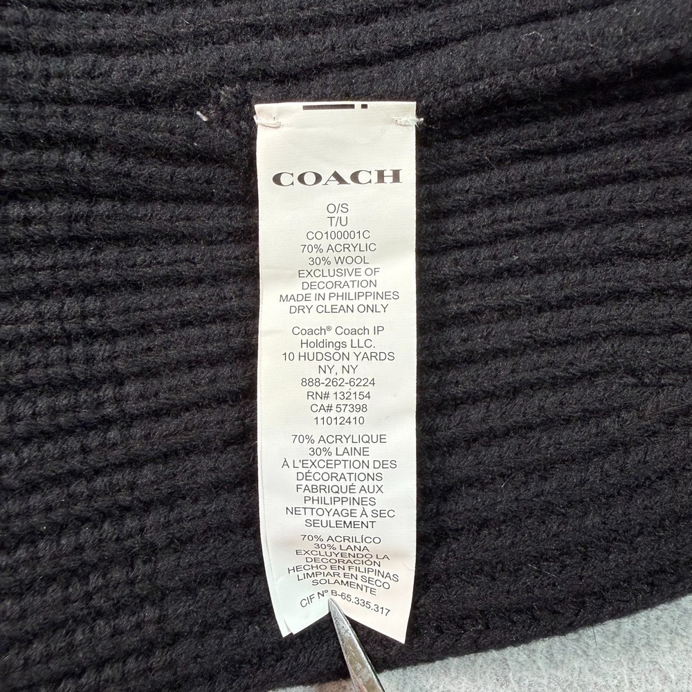 Coach Black Wool Knit Beanie Hat Womens Logo Patch Classic Solid One Size NWT
