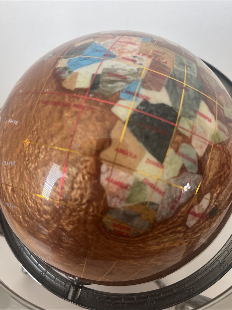 Gemstone World Globe Silver Tripod Stand Compass Manually Rotates 10” Tall