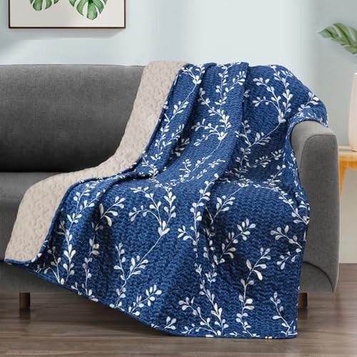 Microfiber Flower Pattern Quilted Throw Blanket for Floral Navy