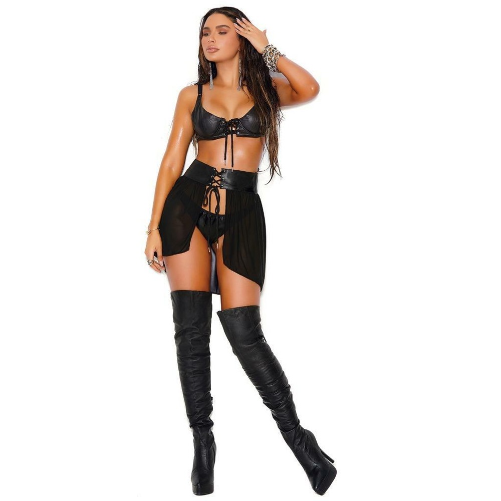 Leather Bra Top Lace Up Front Underwire Adjustable Straps Black L5142