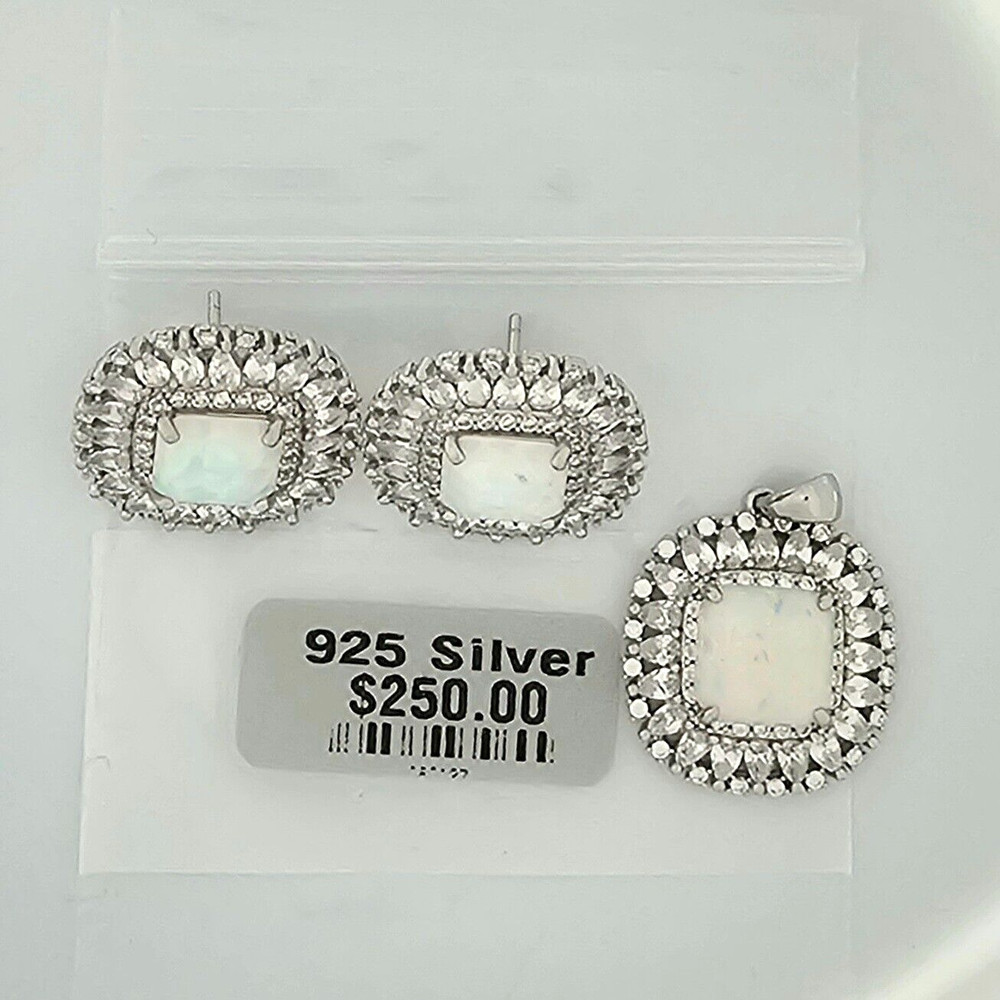Solid 925 Sterling Silver Iridescent Earring & Pendant Set With Tons Of Sparkle