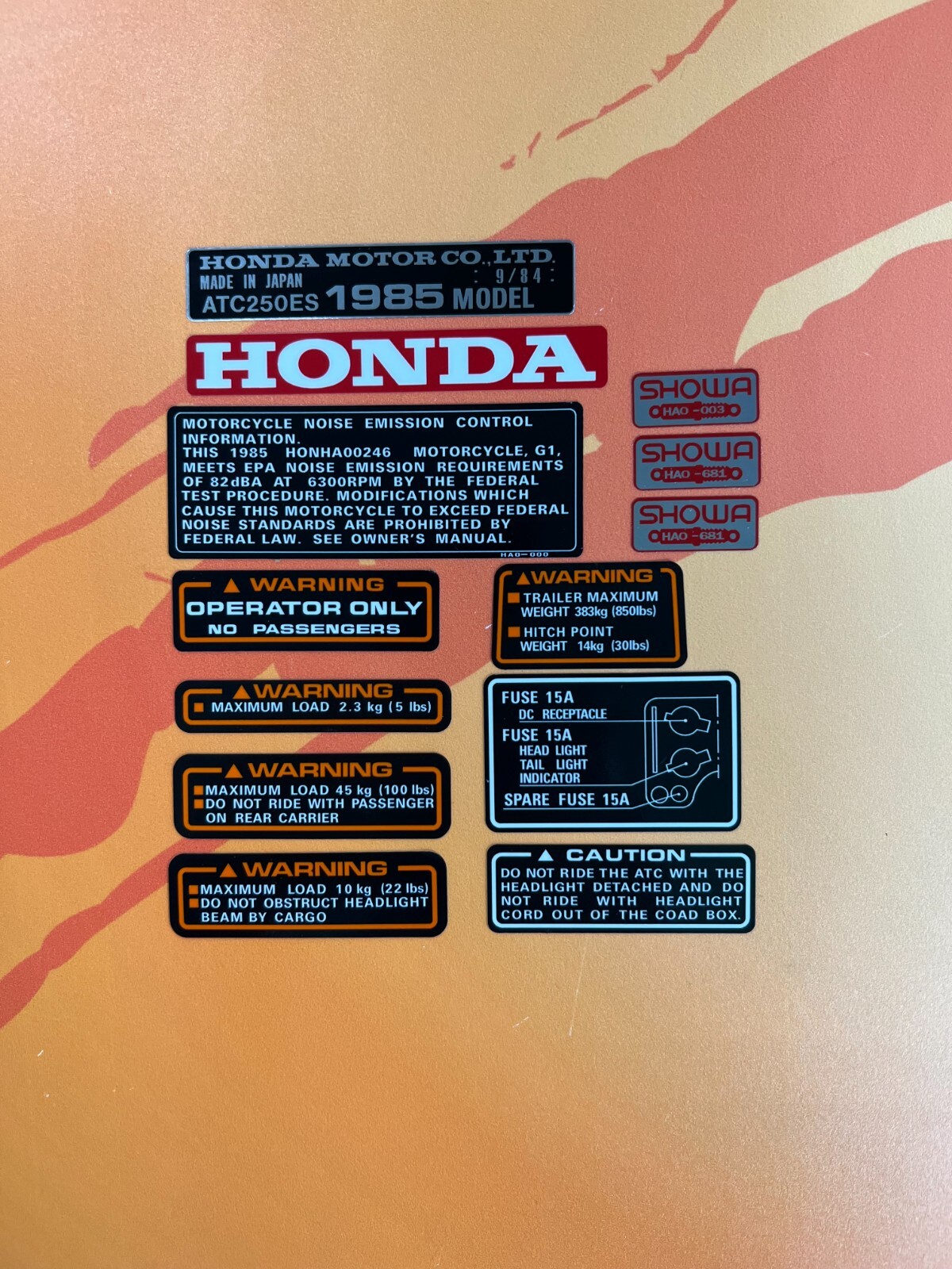 1985 Honda ATC250ES 250ES ATC Big Red Tank Decals Complete Kit 85