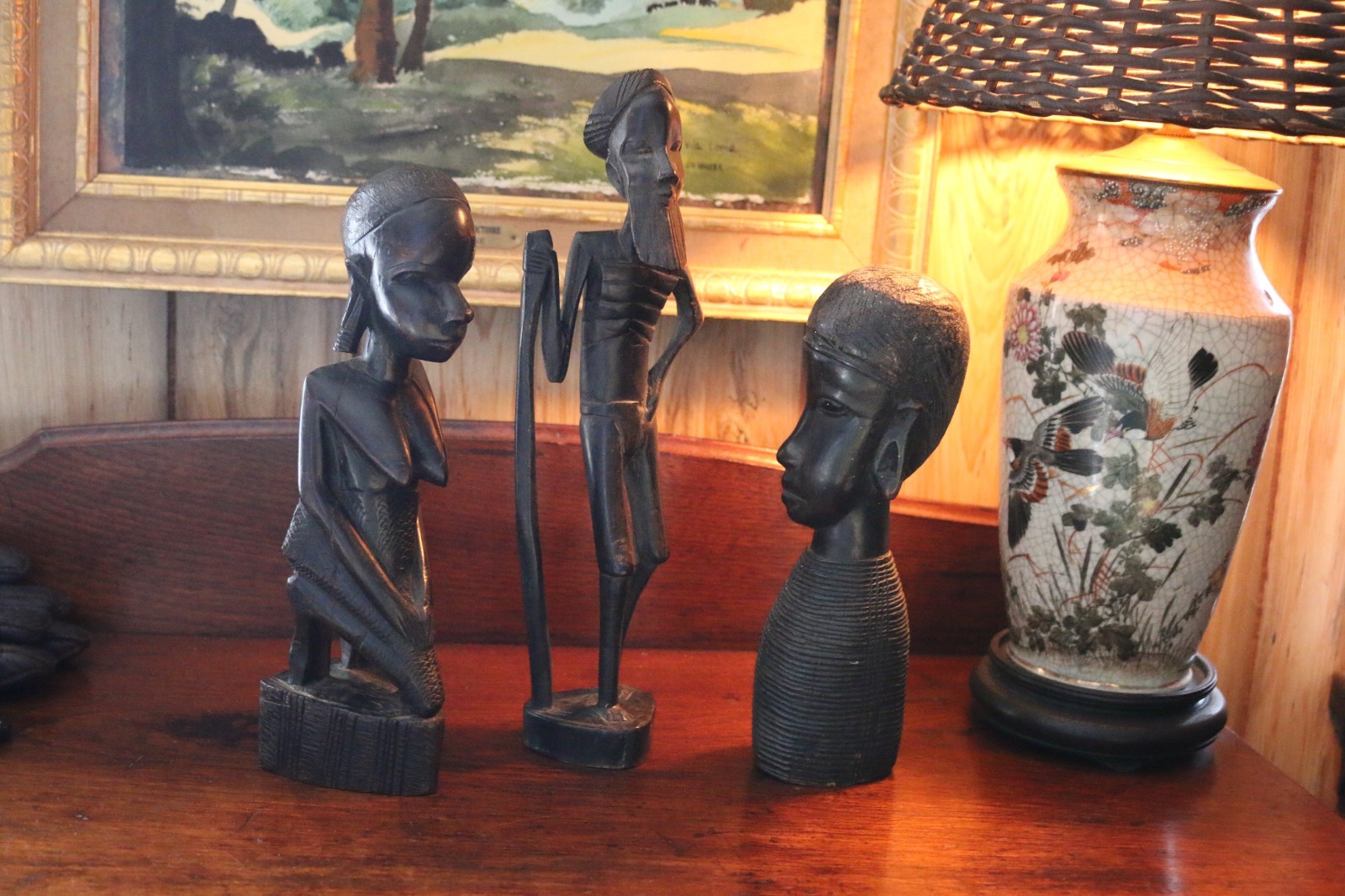 3 Mid Century African Figures, carved Exotic Ebony ,