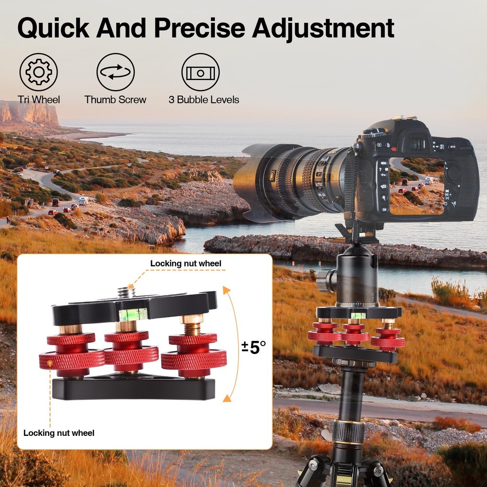 Tripod Leveling Base,Camera Head Leveler,3/8”Thread,+/-5°Precise Angle Adjust...